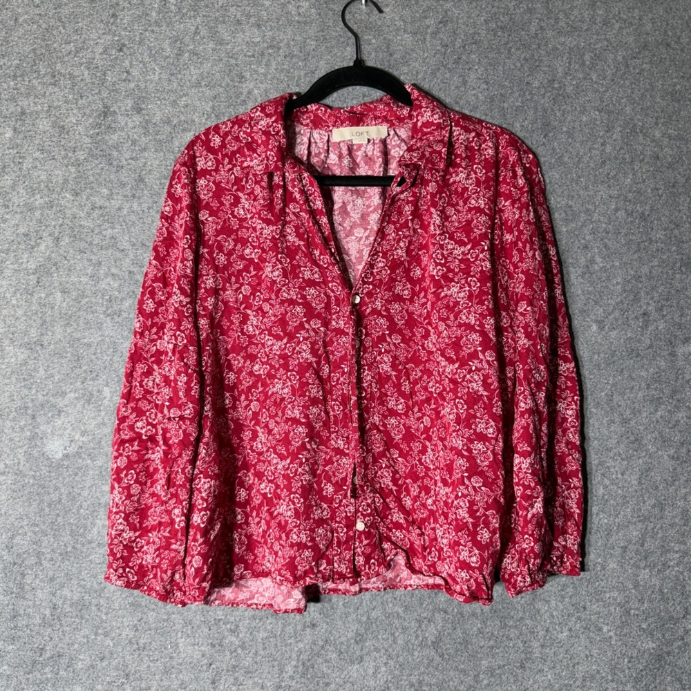 LOFT Red Floral Button Down Long Sleeve Shirt Women Large Boho Cottagecore - Picture 2 of 9